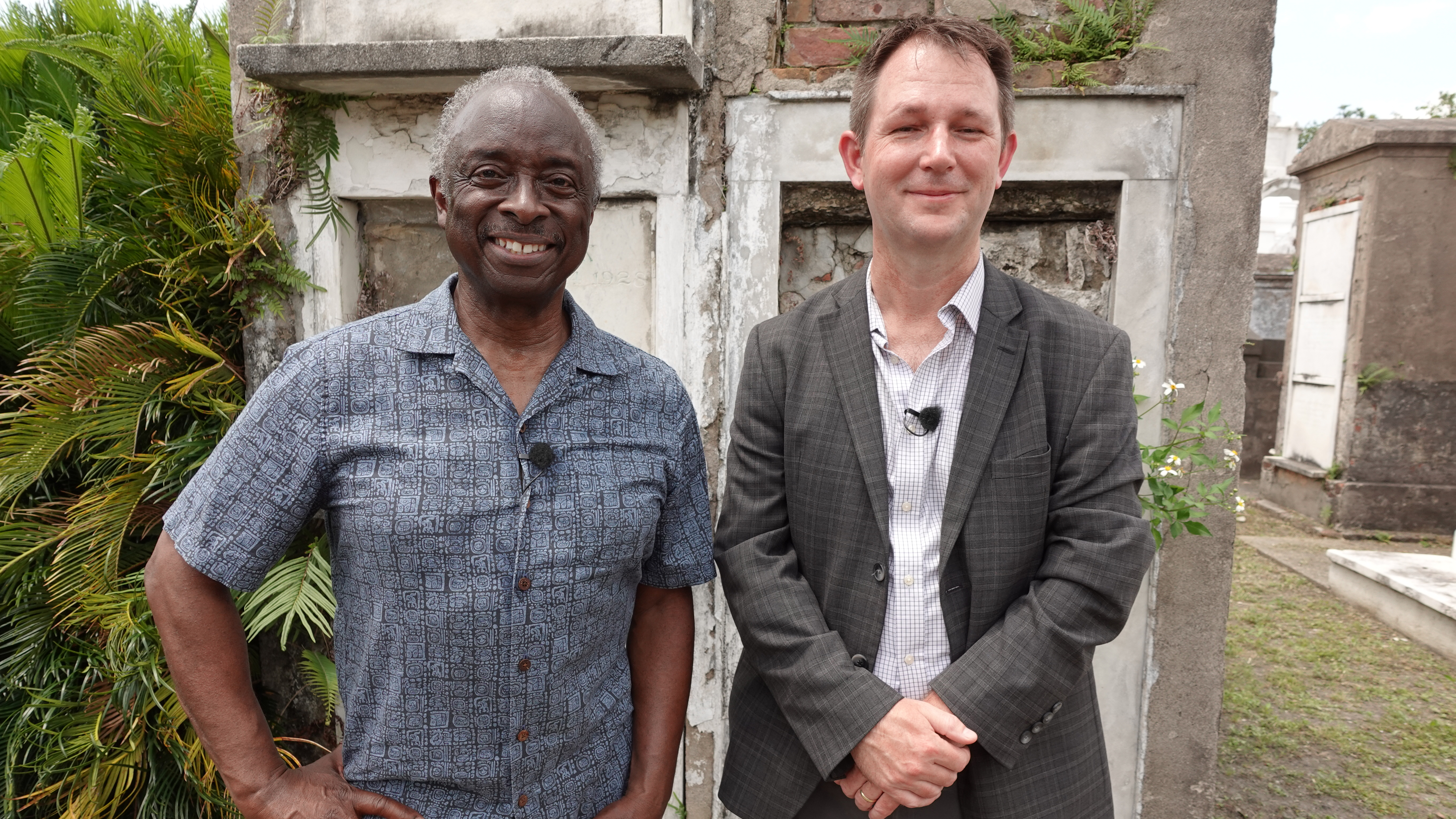 For “World’s Greatest Cemeteries” public television series: (left) Host/Producer Roberto Mighty and (right) Professor D. Ryan Gray, PhD, RPA, University of New Orleans. At St. Louis Cemetery No. 1 in New Orleans. Season 2-episode WCEM_204_St. Louis Cemetery No. 1. Photo by Celestial Media LLC